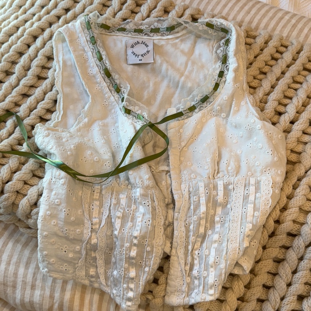 With Jean White Lace Top with Green Accents